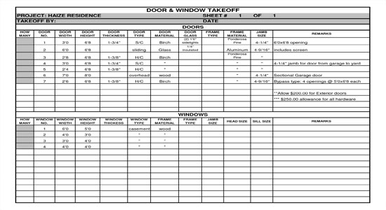 Door and Window Takeoff Sheet