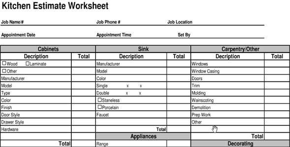 Kitchen Cost Estimate Sheet, Kitchen Cabinet Estimator