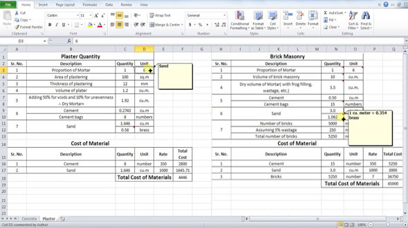 How to use excel based formula to work out the sand & cement quantity