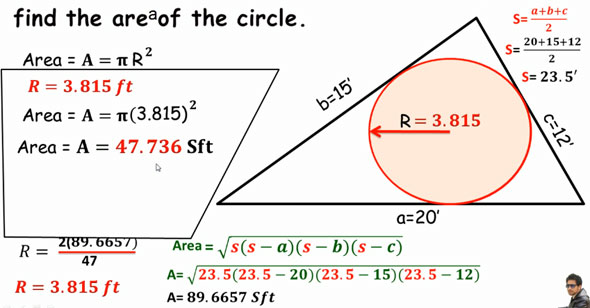 How to determine the area of the circle in a Triangle