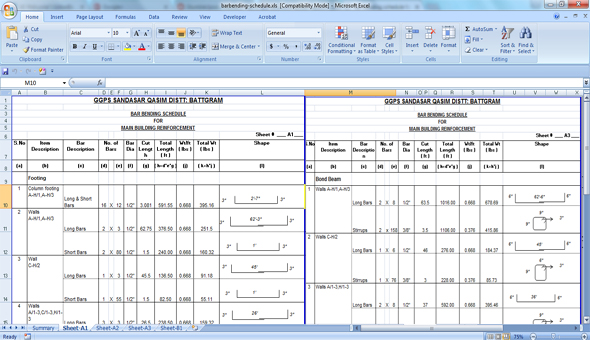 Download Excel Sheet for Bar Bending Schedule for building reinforcement