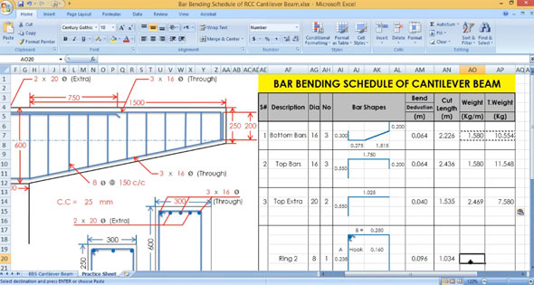 Detailed guidelines to create BBS of a cantilever beam in excel
