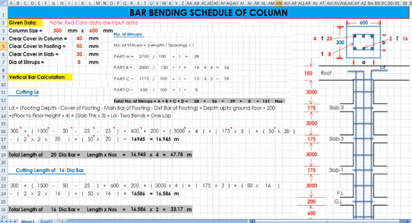 Detail method for bar bending schedule of column in excel