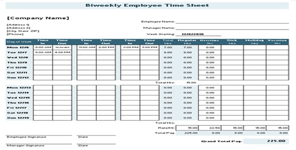 Biweekly time sheet for general contractor