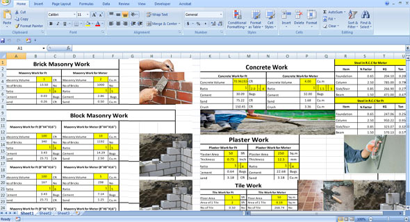Download excel sheet for making calculation of brick, concrete, plaster, tile