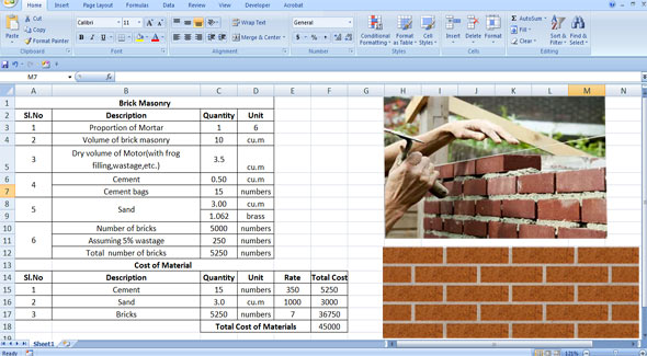 Download excel sheet to compute cement, sand and bricks in brick masonry work