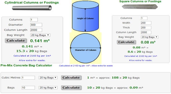 How to estimate cylindrical or square columns and footings through online calculator