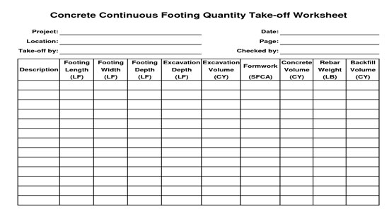 Concrete Continuous Footing Quantity Take-off Worksheet