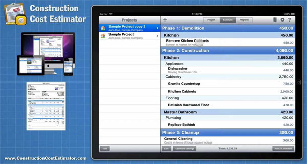Construction Cost Estimator App for the Mac iPad and iPhone