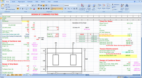 How to use spreadsheet to design combined footing easily
