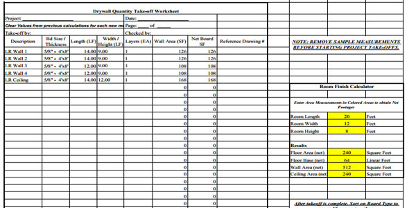 Drywall Quantity Takeoff Worksheet