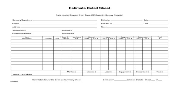 Estimate detail sheet data carried forward from Quantity Takeoff
