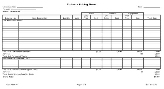 Estimate Pricing Sheet Subcontractor