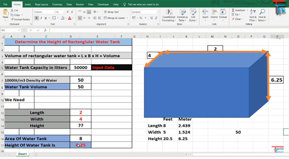 How to calculate the height of a rectangular water tank in excel
