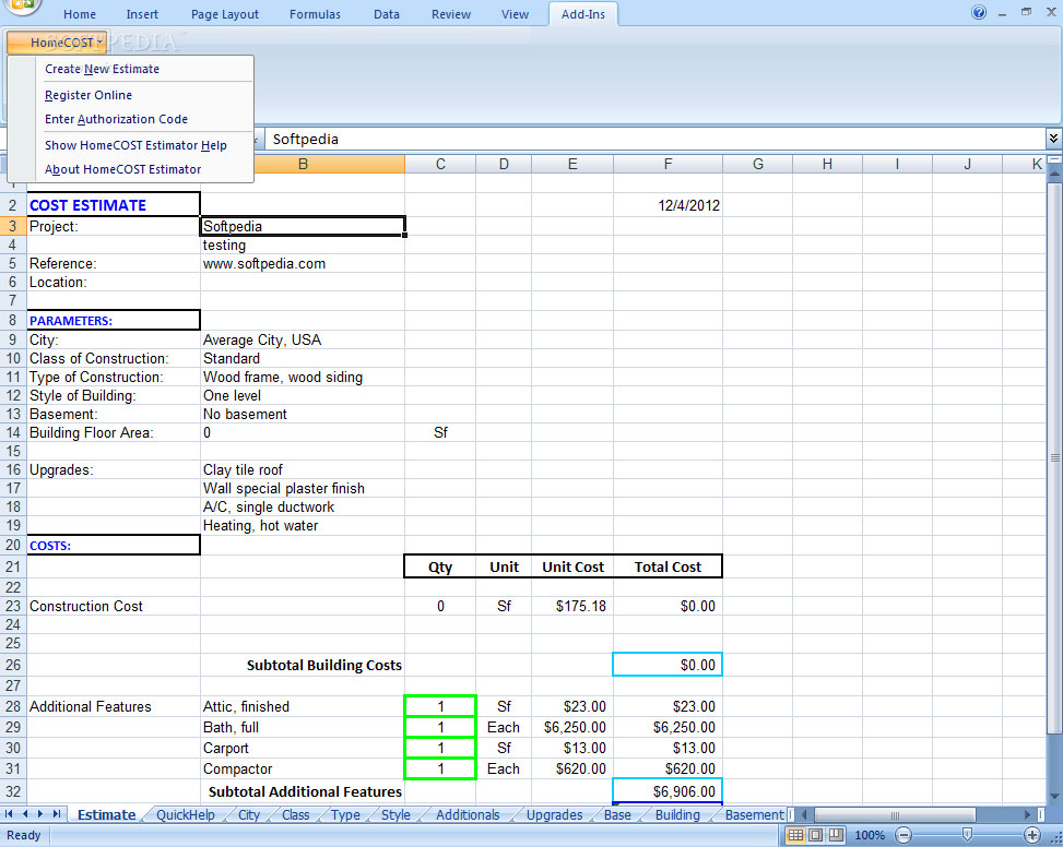 Home Cost Estimator Sheet for Excel