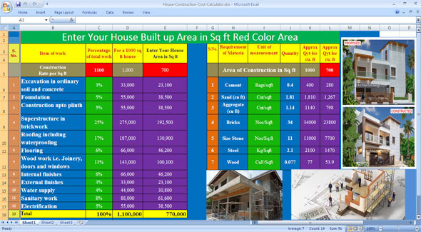 House Construction Cost Estimate Construction Cost Of House In Excel