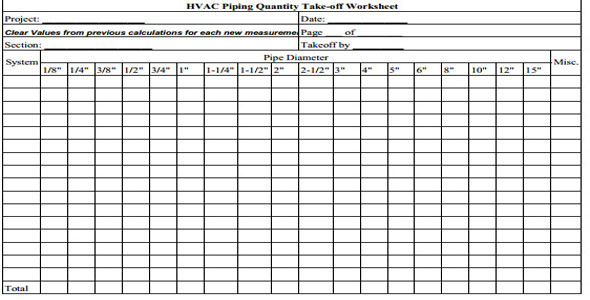 HVAC Piping Quantity Takeoff Worksheet