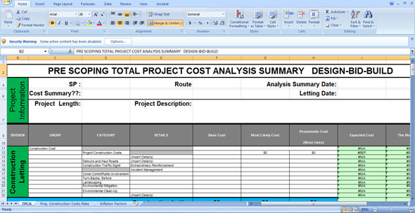 Pre Scoping Total Project Cost Analysis Summary Sheet