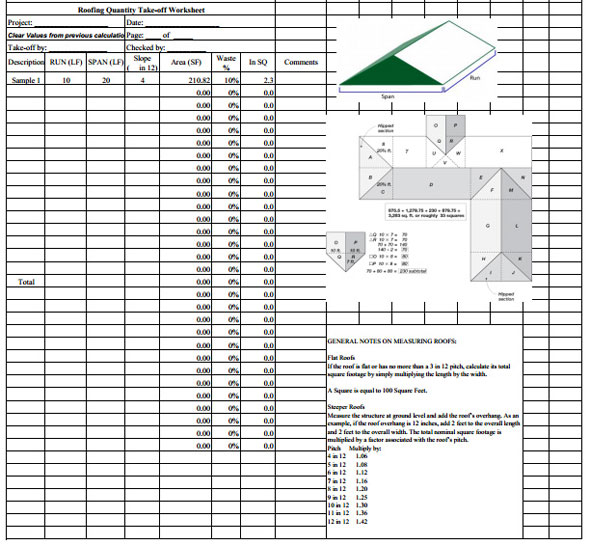 Roofing Quantity Takeoff Sheet