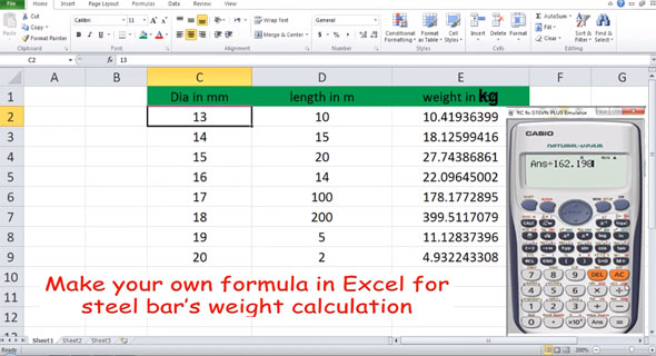 How to calculate the weight of steel bar with excel